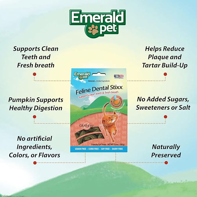 Emerald Pet Grain-Free Salmon Cat Dental Treats – Crunchy Dental Sticks for Cats to Clean Teeth, Reduce Plaque & Tartar, Freshen Breath – Pumpkin for Digestive Health, Natural Cat Chews, 3.6 oz