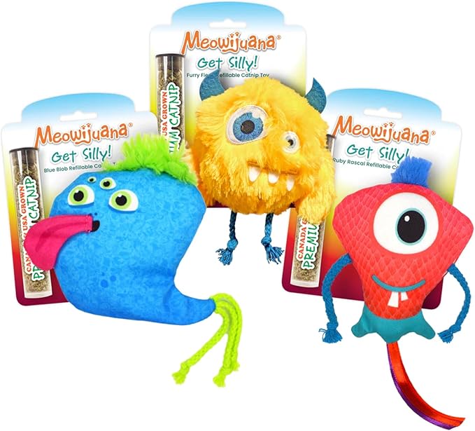 Meowijuana Refillable Cat Toys | Get Silly Trio - 3 Pack Catnip Toys | Includes Potent Hand Harvested Catnip Grown in North America | Promotes Play and Cat Health