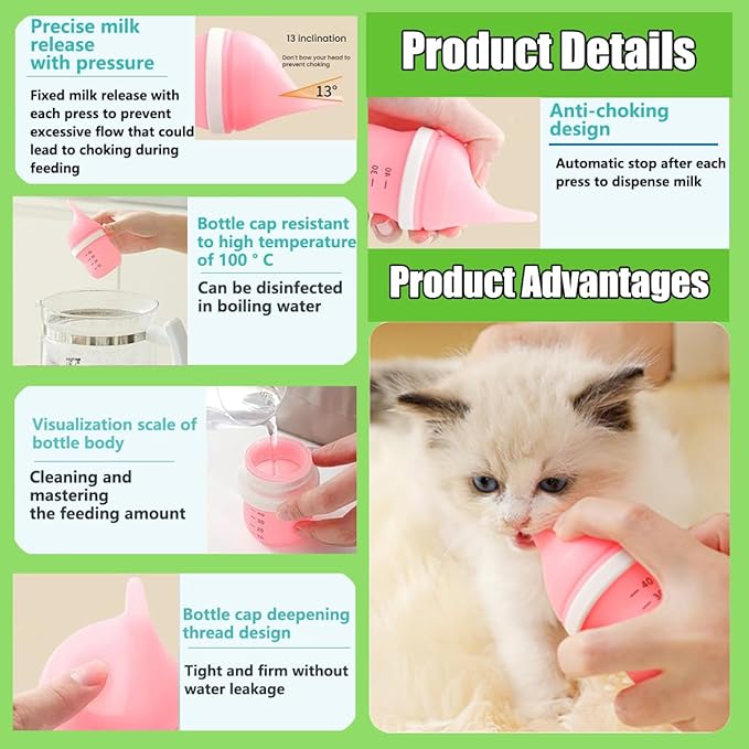 Kitten Bottles for Nursing,Puppy Bottles for Nursing Puppy Milk, Anti-Choking Puppy Feeder Design, 2 Extra Replaceable Silicone Nipples for Convenient Replacement (Green)