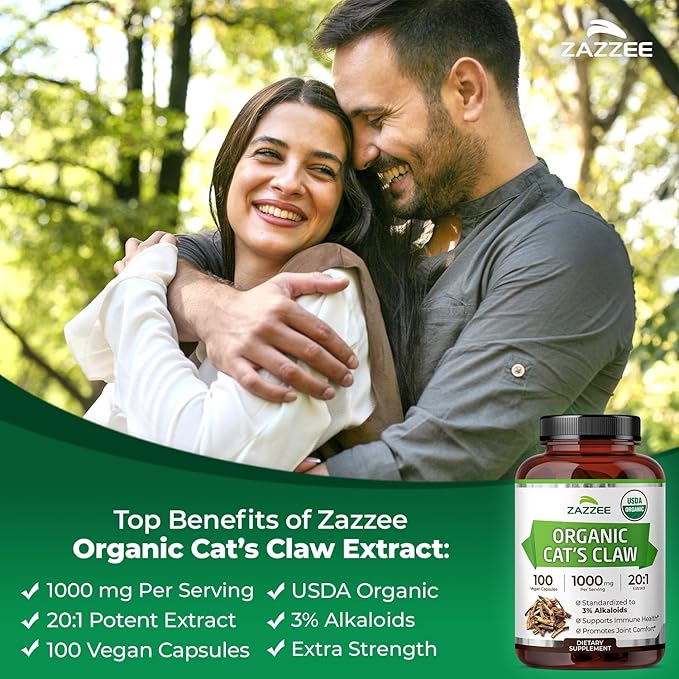 Zazzee USDA Organic Cat’s Claw 20:1 Extract, 1000 mg, Standardized to 3% Alkaloids, 100 Vegan Capsules, 20X Potency, Immune System and Joint Support, Non-GMO, All-Natural, Made in The USA