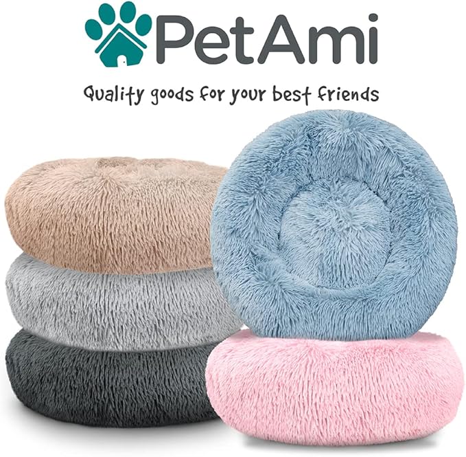 PetAmi Calming Dog Bed for Small & Medium Dogs and Cats, 23 Round Donut Dog Bed, Washable Fluffy Faux Fur Puppy & Cat Bed, Anti-Anxiety Plush Cuddler Pet Bed with Anti-Slip Bottom - Pink