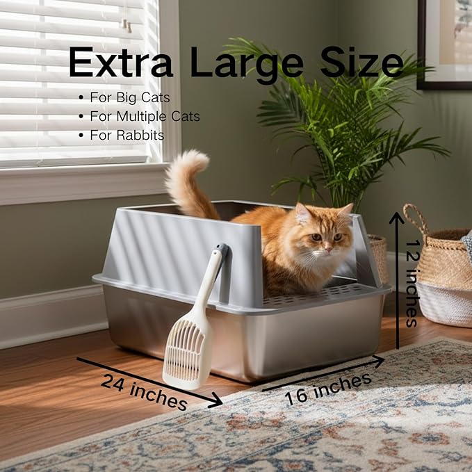 XL Stainless Steel Litter Box, Extra Large High Sided Metal Cat Litter Box with Lid and Scooper, Easy Clean, Non Stick & No Smell-24"x16"x12"