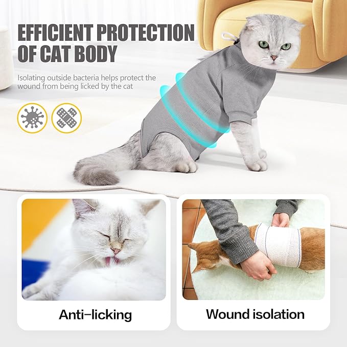 Cat Surgery Recovery Suit - E-Collar Alternative Anti-Licking Spay/Neuter Bodysuit, Soft Pet Surgical Pajamas for Cats, Abdominal Wound Onesie (Grey, Large)