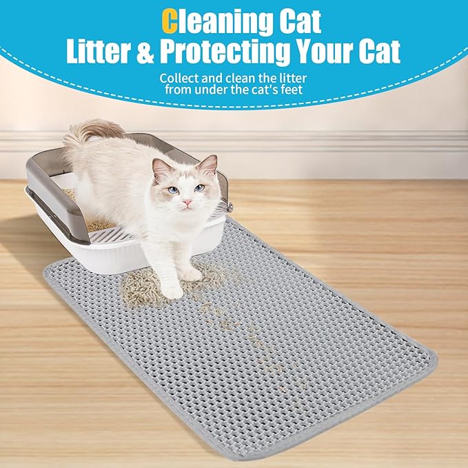 Cat Litter Mat, Kitty Litter Collector, Double Layered Honeycomb Design Waterproof, Anti Urine, Anti Slip, Easy to Clean, Limit Garbage (26"x46.5", Grey)