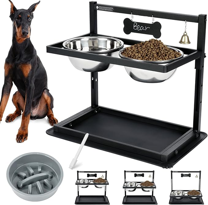 Elevated Dog Bowls with Slow Feeder for Large and Medium Dogs, Adjustable Height Raised Dog Bowl Stand with 2 Stainless Steel Bowls and Spill-Proof Mat, Dog Feeder for Healthy Eating (Grey)