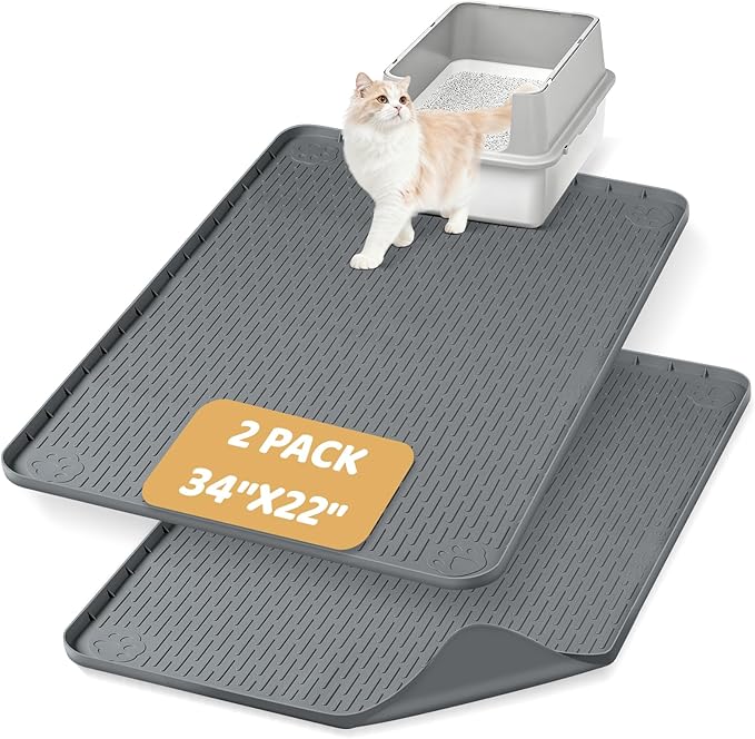 Cat Litter Mat, 2 Pack Large 34" x 22" Silicone Mat Litter Trapping Mat for Scatter Control, Soft on Kitty Paws, Easy to Clean (Dark Grey)