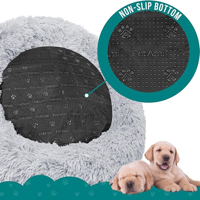 PetAmi Calming Dog Bed for Small & Medium Dogs and Cats, 30 Round Donut Dog Bed, Washable Fluffy Faux Fur Puppy & Cat Bed, Anti-Anxiety Plush Cuddler Pet Bed with Anti-Slip Bottom - Light Gray