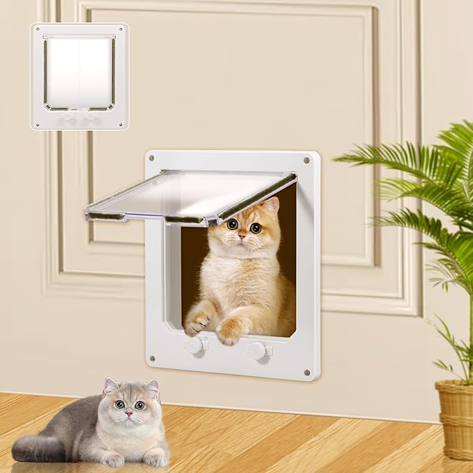 White Plastic Interior Cat Door Easy to Install Upgraded Pet Door with Flap and 4 Way Locking for Interior Doors Medium Cats Kitties