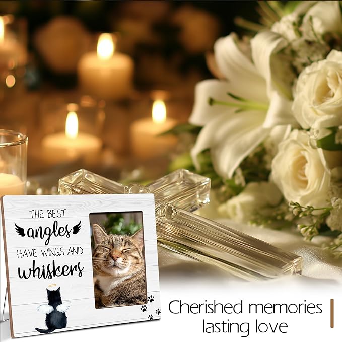 Cat Memorial Gifts for Loss of Cat, Angels Have Wings And Whiskers, Pet Memorial Wooden Picture Frame Sympathy Gifts, Fits 4x6 Photo Frame