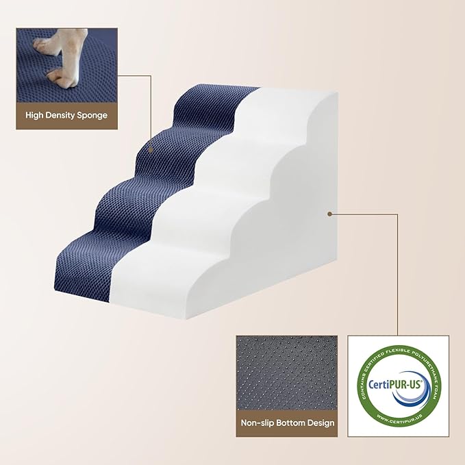 PAWSCART Dog Stairs for Small Pets, 15.7" H with 30D Material Soft Foam, Portable Ramp Non-Slip Surface Non-Slip for Couch and High Bed Climbing, 3-Step Stairs for Cat or Dog, Blue