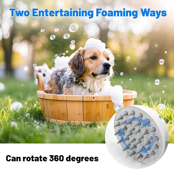 Electric Rotating Massage Dog Shampoo Dispenser with Foam Brush | Rechargeable Pet Bath Tool for Short/Long Hair Grooming & Bathing