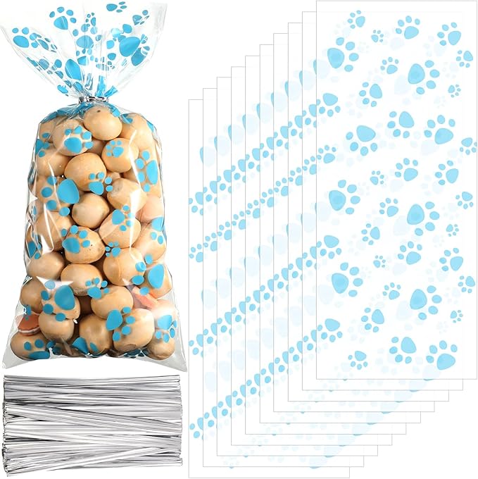Blulu 200 Pcs Dog Treat Bags Pet Paw Cellophane Bags Dog Party Favor Heat Sealable Treat Paw Gift Cat Candy Bag with 200 Pcs Silver Twist Ties for Pet Party Favors(Blue)
