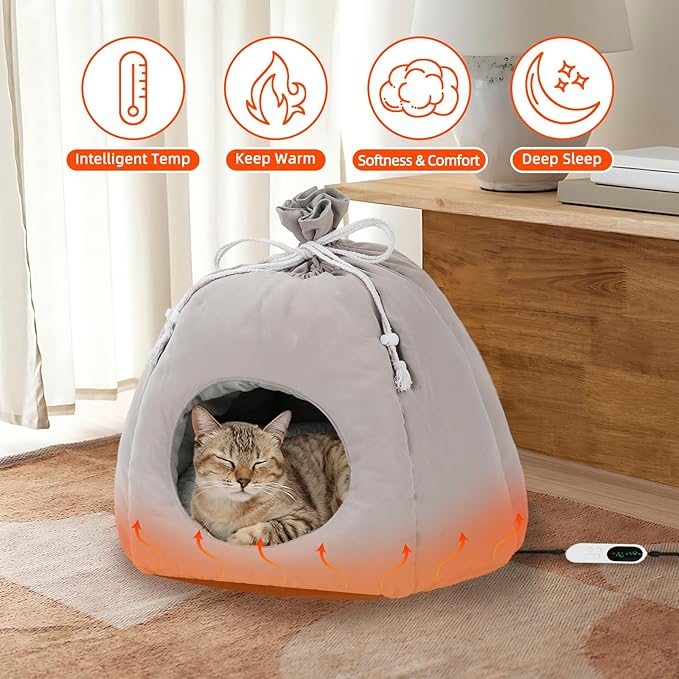 FHTONGE 2 in 1 Heated Cat Bed Cave with Timer Temp Adjustment, Thermal Enclosed Kitten Bed Hideaway Machine Washable, Self-Warming Cozy Pet Nest Covered Beds for Indoor Kitten Old Cat Puppy Small Dog