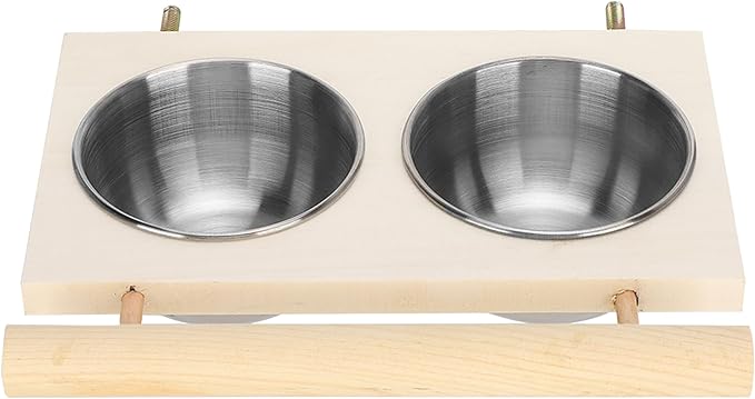 Bird Food Stainless Steel Cups, Parrots Feeding Dish Cups with Wooden Platform, Stainless Steel Food Water Feeder Cage Accessory with StandDouble Bowl