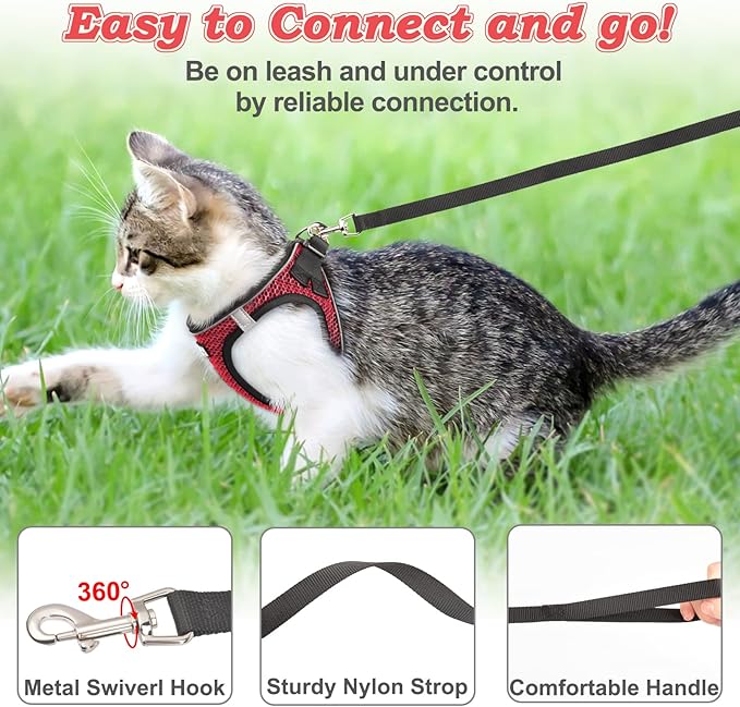Cat Harness and Leash for Walking Escape Proof, Adjustable Kitten Vest Harness Reflective Soft Mesh Puppy Harness for Outdoor, Comfort Fit, Easy to Control (Red, XS)