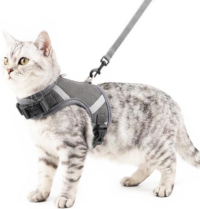 Cat Harness and Leash Escape Proof Kitten Harness Cat Leash for Walking Travel Service Cat Vest, Grey, Medium