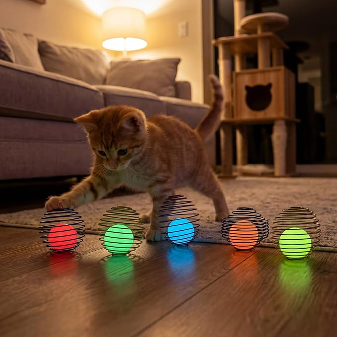 Jecery 5 Pcs Cat Spring Balls Toys Stretchable Rolling Balls Colorful Playful Coils Interactive Action Toy Caged Rats for Kitten Pet Supplies (Glow Ball,Multicolor)