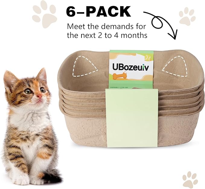 Disposable Cat Litter Boxes, 6-Pack - Compact & Leak-Proof Travel Trays with Cute Cat Ear Design for Small Cats/Kittens, Home & Car Use