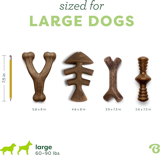 Benebone Large 4-Pack Dog Chew Toys for Aggressive Chewers, Made in USA, 90lbs and Under