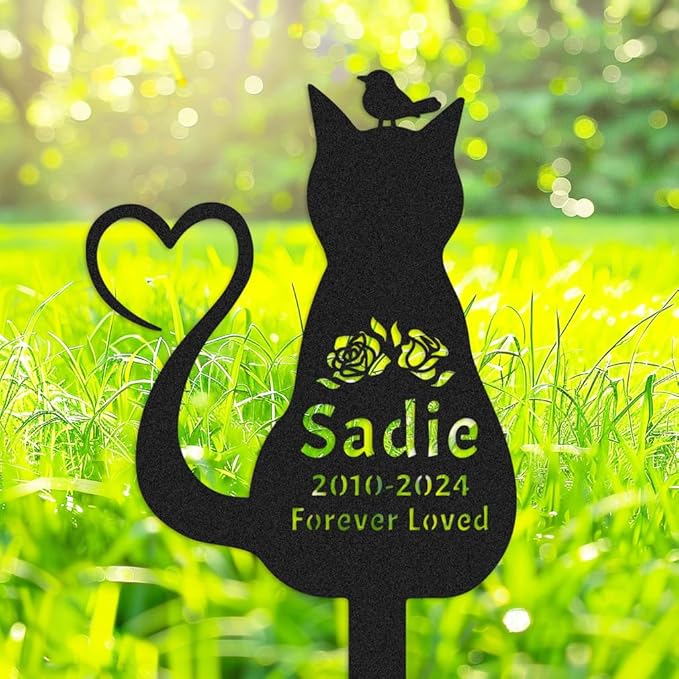 Custom Cat Memorial Grave Marker with Bird and Heart, Personalized Flowers Cat Memorial Stake Metal Garden Sign, Customized Pet Cat Sculpture Memorial Plaque for Cemetery Grave Yard Sign