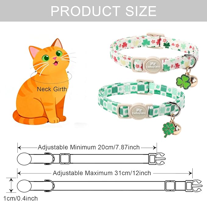 St. Patrick's Day 2 Pack Cat Collar, Soft Breakaway Clover Kitty Collar with Bell&Pendent, Cotton Shamrock Pattern Collar with Safety Buckle for Boy Girl Cats