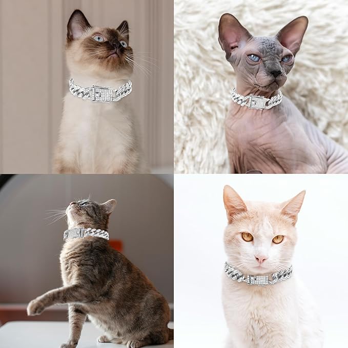 Amabro Diamond Cat Chain Collar, Metal Cuban Link Dog Collar with Secure Buckle Cat Pet Necklace Chain Pet Collar Jewelry Accessories for Small Medium Dogs Cats Puppy Kittens (Silver, 10 inch)