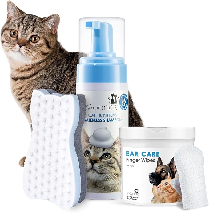 Mooncat Cat Grooming Essentials Bundle – Waterless No-Rinse Foam Shampoo with Brush (5oz) + Cat Ear Cleaner Finger Wipes (40ct) | Licking Safe, Paraben-Free, Dander Reducing & pH Balanced | Deep Ear W