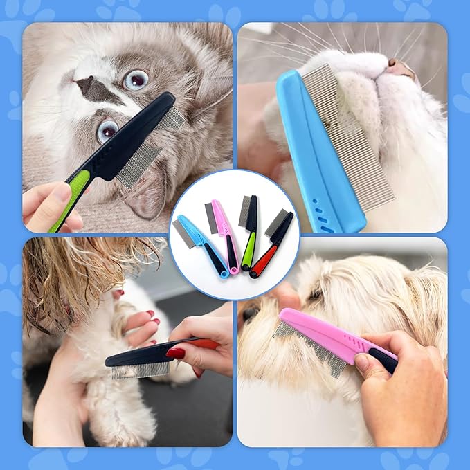 2Pcs Flea Comb for Dogs Cats, Upgrade Multifunctional Pet Comb Pet Hair Removal Flea Comb, Fine Tooth Stainless Cleaning Massage Brush for Dog Cat (Blue)