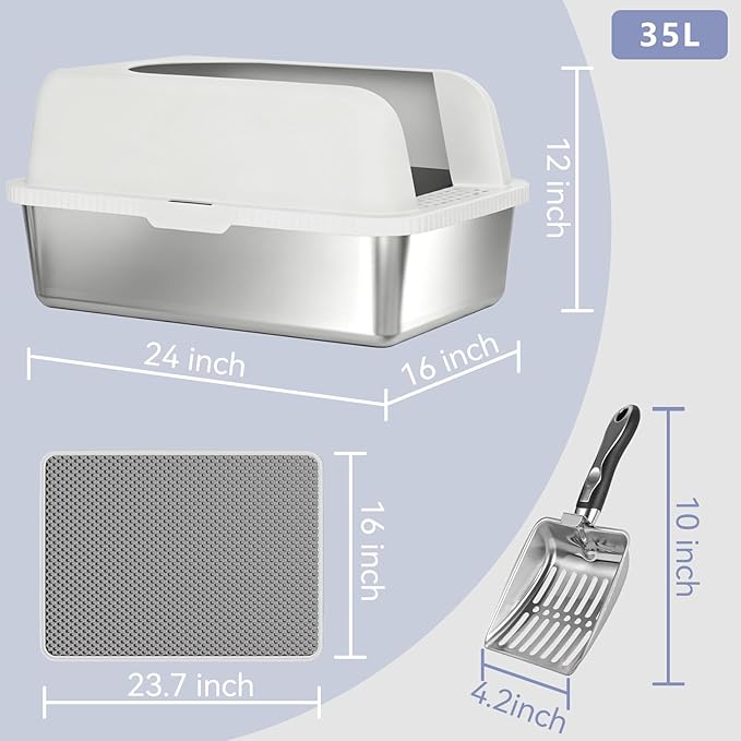 Stainless Steel Cat Litter Box with Lid, 24" L x 16" W x 12" H, Extra Large Enclosed Litter Box for Cats, High Sided Anti Leakage, Non-Stick, Includes Stainless Steel Scoop & Cat Mat