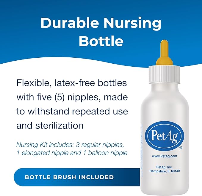 Pet-Ag Nursing Kit - 2 oz - Promotes the Natural Feeding of Liquids to Baby Animals - Each Kit Includes 2 oz. Bottle with Cap, 5 Nipples & Cleaning Brush