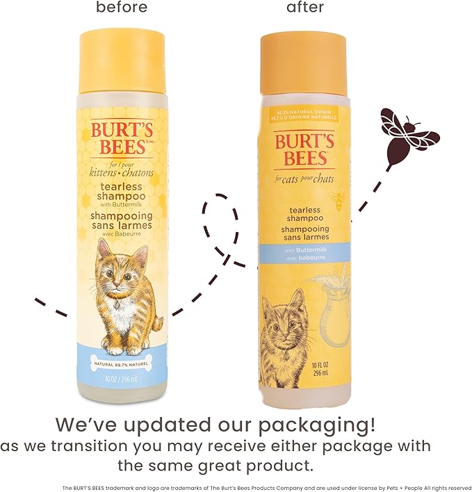 Burt's Bees for Pets Tearless Kitten Shampoo with Buttermilk, 99.3% Natural Origin Formulas, Pet Cleanser for Cats, Gentle Cat Wash for Itchy Skin, 2pk, 10 oz