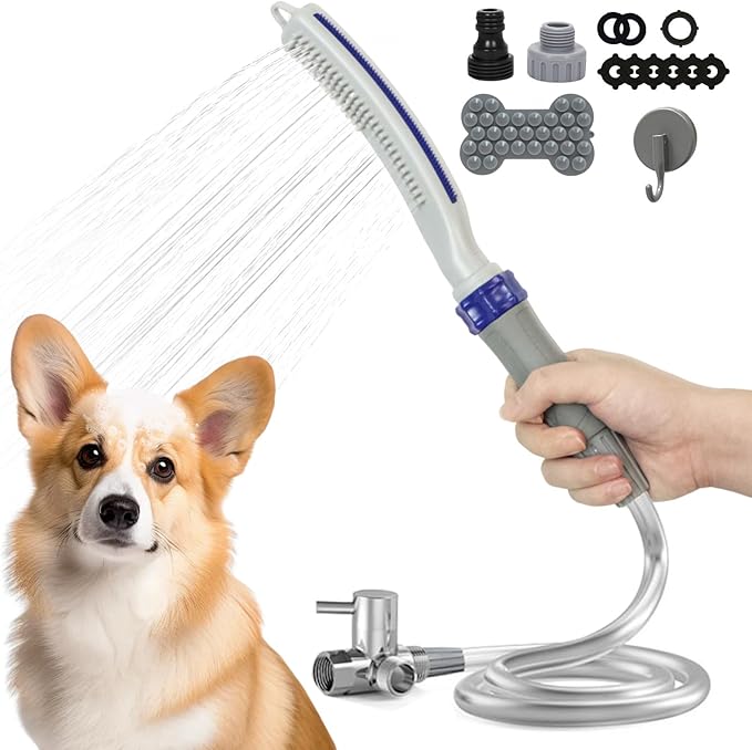 Dog Shower Attachment,Dog Shower With Brass Diverter,Pet Shower Attachment for 3 Spray Modes,8-Foot Hose With Indoor and Outdoor Adapters,for Bathing & Grooming Easy Dog/Cat Bathing and Cleaning