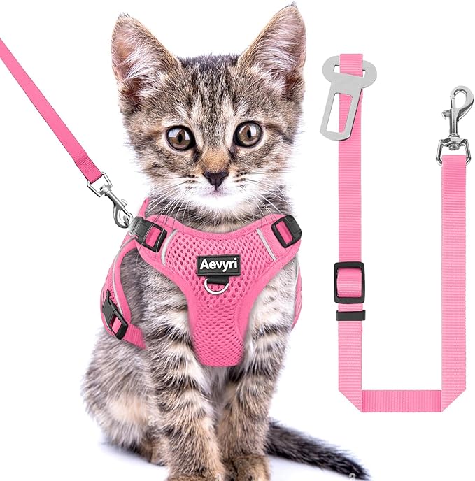 Cat Harness and Leash for Walking, The Upgrade Can be Adjusted in Four Directions and Breathable Cat Harness for Anti Escape that can be Fitted and Positioned, Reflective Strips Harness, Pink, XS