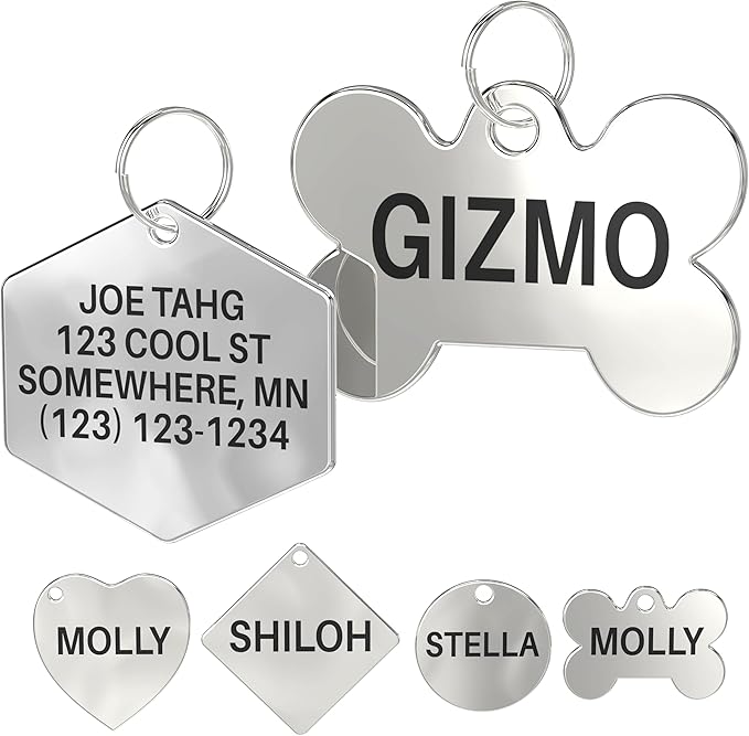 Dr. Fremont's Stainless Steel Pet ID Tags Engraved and Personalized for Dogs and Cats on Both Sides in Bone, Heart, Circle Round, Hexagon, and Diamond