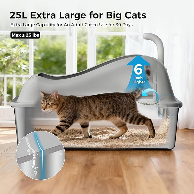 GTPLAYER Stainless Steel Cat Litter Box XL - Extra Large High-Sided Open-Top Metal Litter Box for Large & Multi-Cat Homes, Splash Guard, Low Entry, Easy Clean 304 Steel with Step, Mat & Scoop, Beige