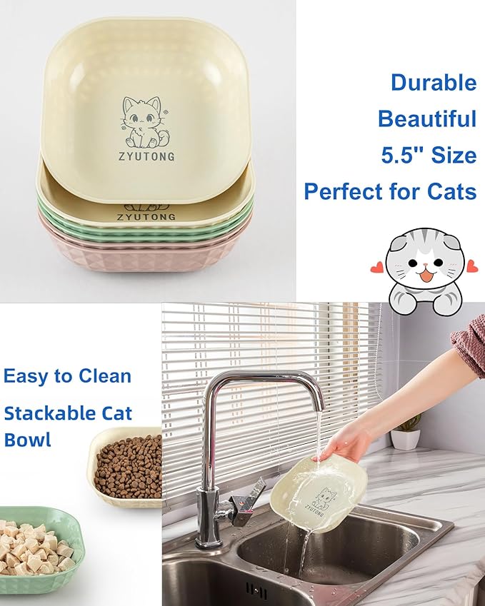 6-Pack Cat Food Bowls, Whisker Fatigue Cat Dishes for Food, Cute Kitten Bowl with Non-Slip Feet, 5.5" Flat Kitten Bowls for Wet Food, Small Plates for Indoor Cats