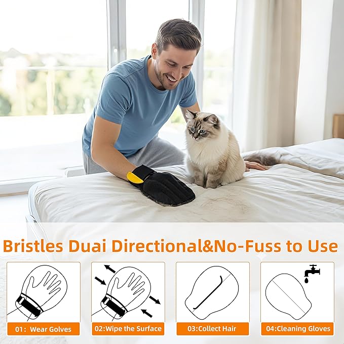 Pet Hair Remover Glove for Cats & Dogs, Patented Adjustable Strap, Reusable Five-Finger Grooming Glove, Non-Slip Fit, Removes Pet Hair from Couch, Carpet, Laundry & Car Seat, 2 Pcs