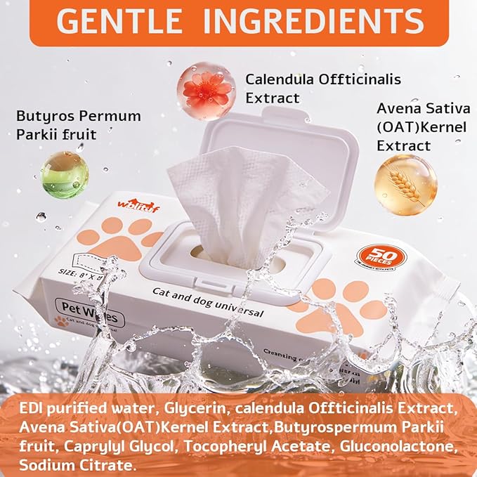Pet Grooming Wipes 50 Count, Jumbo Size 8" x 9", Lick-Safe, Alcohol-Free Deodorizing Wipes for Dogs & Cats with Sensitive Skin