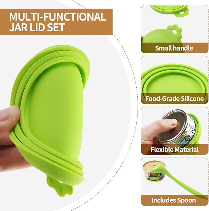 4-Pack Pet Food Can Lids, Silicone Dog Food Lids for Cans, Universal Wet Cat Food Lid Covers, Leakproof Reusable Plastic Can Covers, One Fits 3 Standard Sizes with Matching Scoops, Multicolored