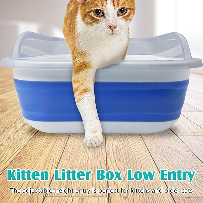 VCEPJH Collapsible Litterbox with High Sides Small Cats Litter Pan with Scoop Open Cat Litter Box Portable Travel Kittens Toilet Kitten Starter Kit for Kittens Adult Cat Elderly Cats (Blue)