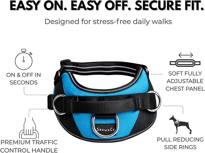 ShawnCo Essential Dog Harness, No-Pull Pet Vest with 3 Leash Clips, No Choke, Reflective, Adjustable and Padded, for Easy Walking and Training for Small, Medium and Large Dogs (White Sharks, L)
