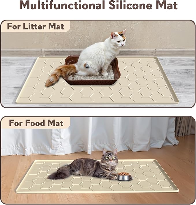 Silicone Cat Litter Trapping Mat, Large Waterproof 34" X 22" Cat Litter Box Mat, Easy to Clean, Beige
