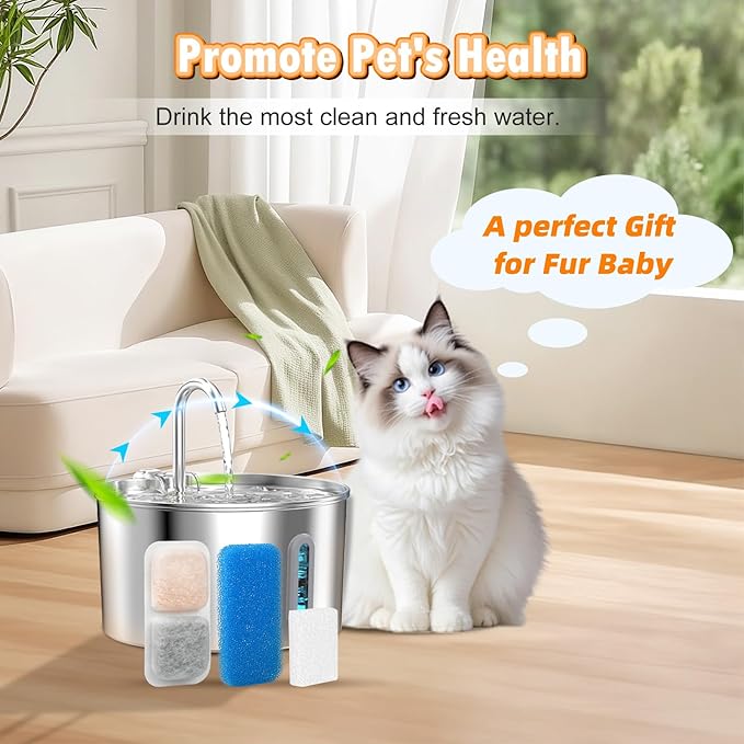 16 Sets Cat Water Fountain Filter Compatible with oneisall 67oz/2L Stainless Steel Cat Water Fountain, Activated Carbon Ion Resin Food Grade PP Cotton, Fresh and Clean