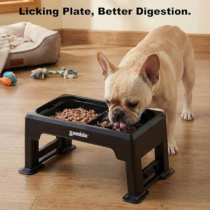 3-in-1 Raised Dog Bowl - 6 Height Adjustable Elevated Dog Bowls Stand, Double Deck Design Mess Proof, Feeding Station with 2 Stainless Steel Bowls & Licking Plate for Small Medium Large Pets