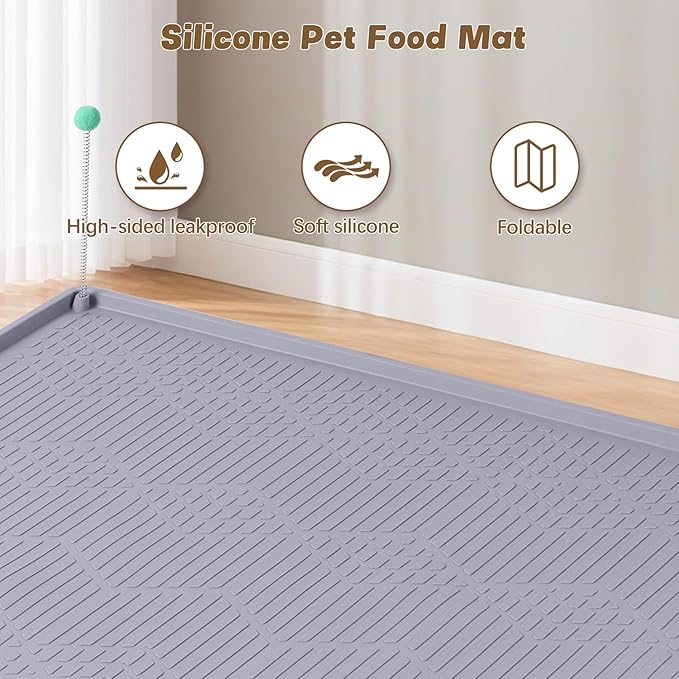 Cat Food Mat with Toy Ball, 38'' x 25'' Extra Large Silicone Pet Feeding Mat with Raised Edge Pet Placemat for Food and Water Bowl Non-Slip, Easy to Clean, Floor Protection (Grey)