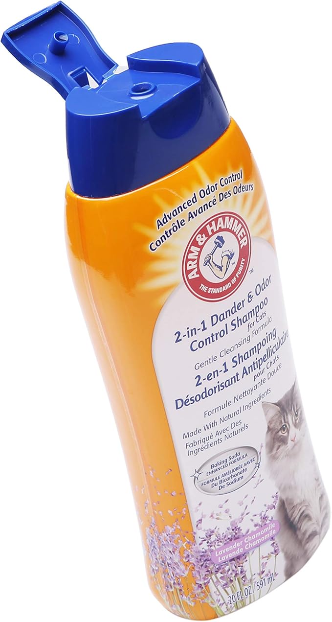Arm & Hammer 2-in-1 Deodorizing & Dander Reducing Shampoo for Cats, Baking Soda Cat Shampoo for Dander, Odor Control and Coat Cleaning, Lavender Chamomile Scent, 20 Fl Oz - 2 Pack