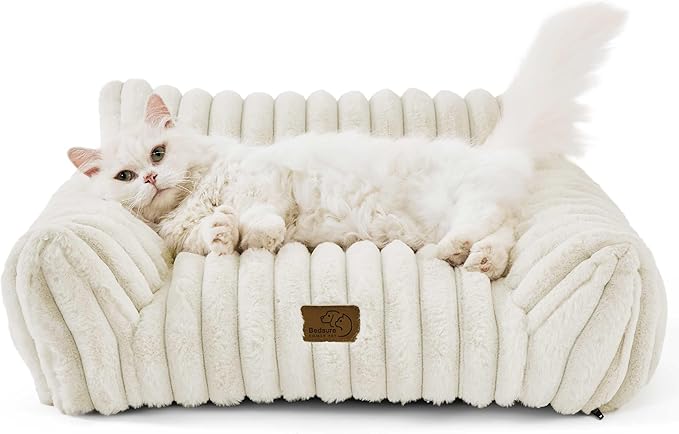 Bedsure ComfyFleece Cute Cat Couch for Pets - Fluffy Cat beds with Premium Soft Corduroy Fleece, Fuzzy Cats beds for Indoor Cats with Removable Washable Cover, Supportive Pet Sofa, 24inch, Cream