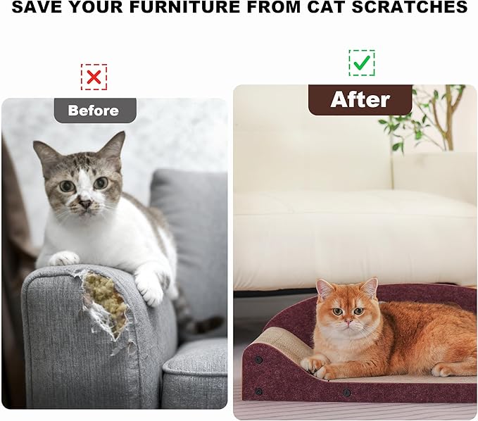 21" Cat Scratcher Bed, Scratcher Couch for Indoor Cats, Cardboard Scratcher Sofa, Durable Scratch Pad with Ball & Catnip, Furniture Protector (Brown, Medium)