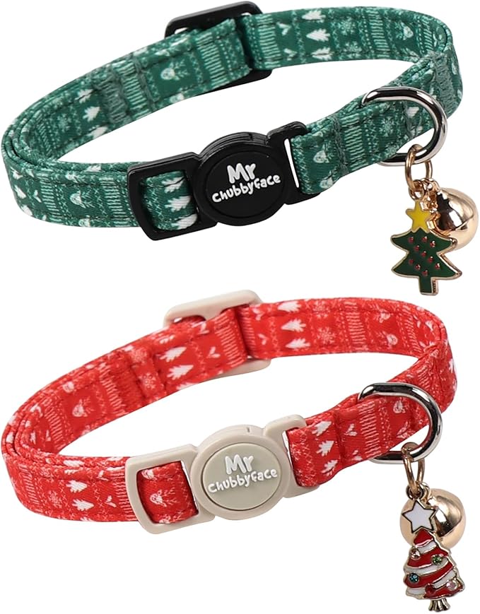 2 Pack Cat Collar, Cute Christmas Red and Green Tree Breakaway Kitty Collar with Bell&Pendent, Soft Adjustable Safety Cat Collar for Female Male Cats