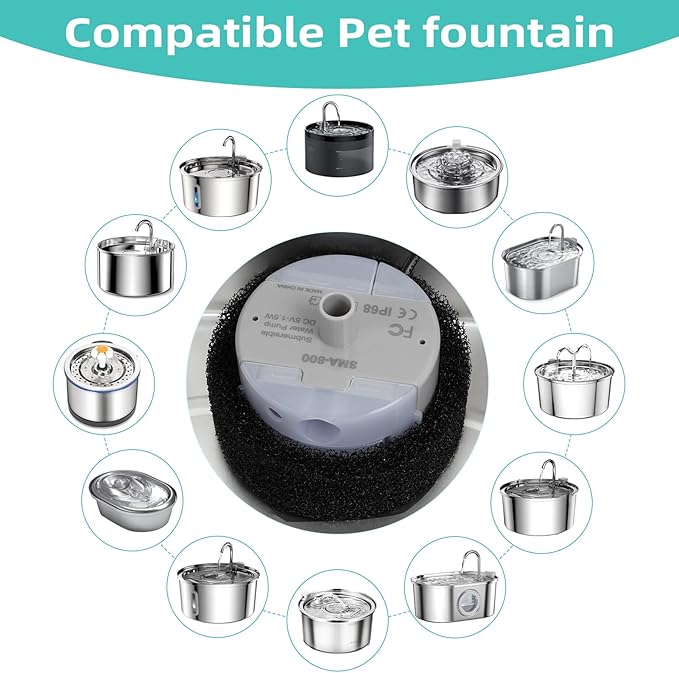 Ultra-Quiet Replacement Pump for Stainless Steel Cat Water Fountains - SMA-800 Motor - Safe and Easy to Clean with Low Voltage DC 5V and USB Cable (Pump) (Side Pump)